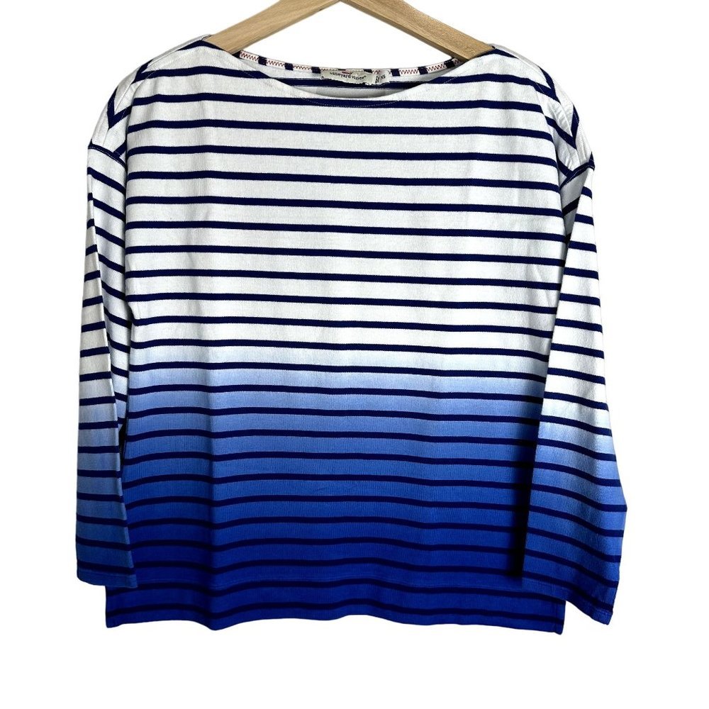 Vineyard Vines Womens Dip Dye Boatneck Top Size XS 3/4 Sleeves Blue White Stripe